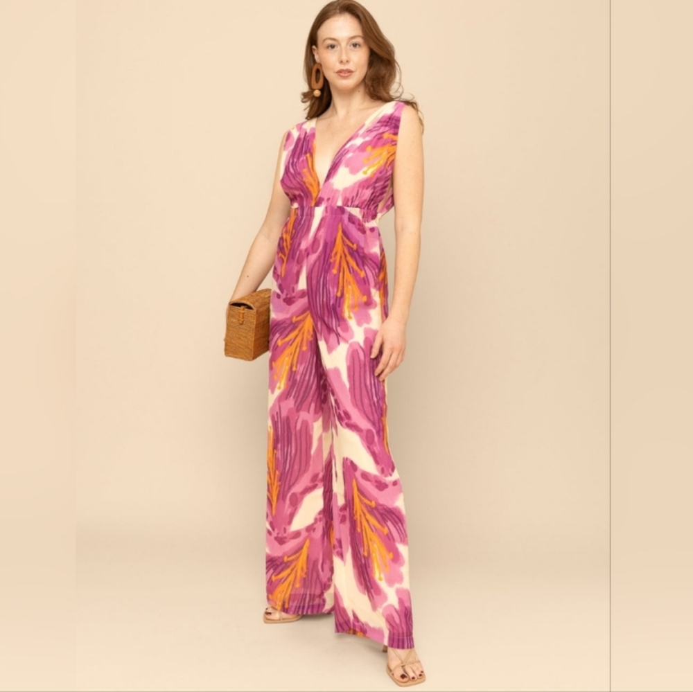 Mixed by Nasrin Cora Plunge Jumpsuit XS Saffron Floral Prnt Festival Rare